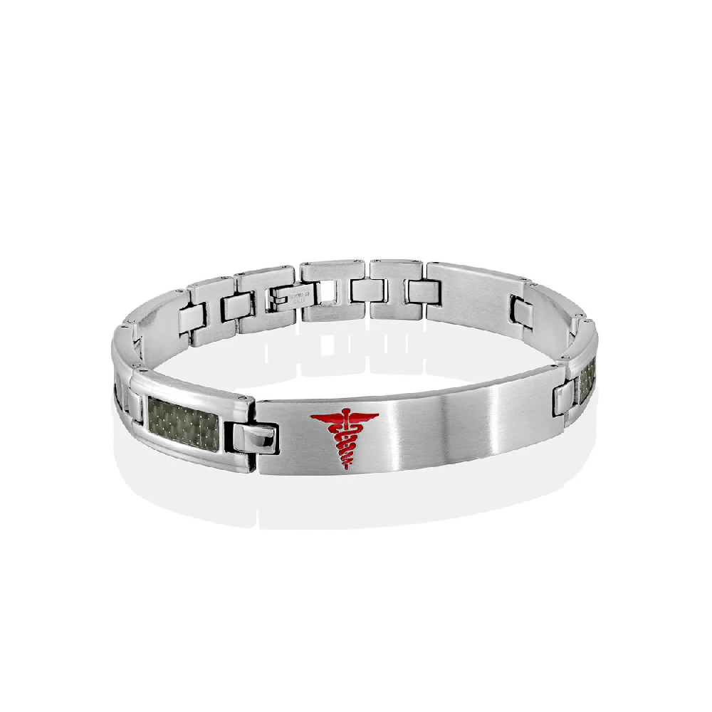 Bracelet médical en acier inoxydable 2 tons (blanc/rouge), fibre de carbone