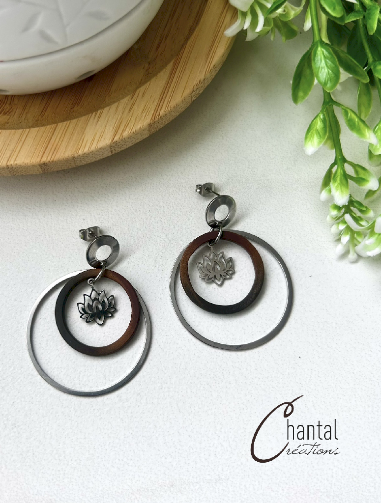 Boucles d'oreilles pendantes Saturne lotus, argile polymère, acier inoxydable