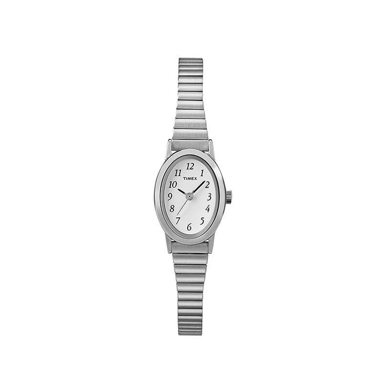 Montre extensible ovale, métal, fond blanc