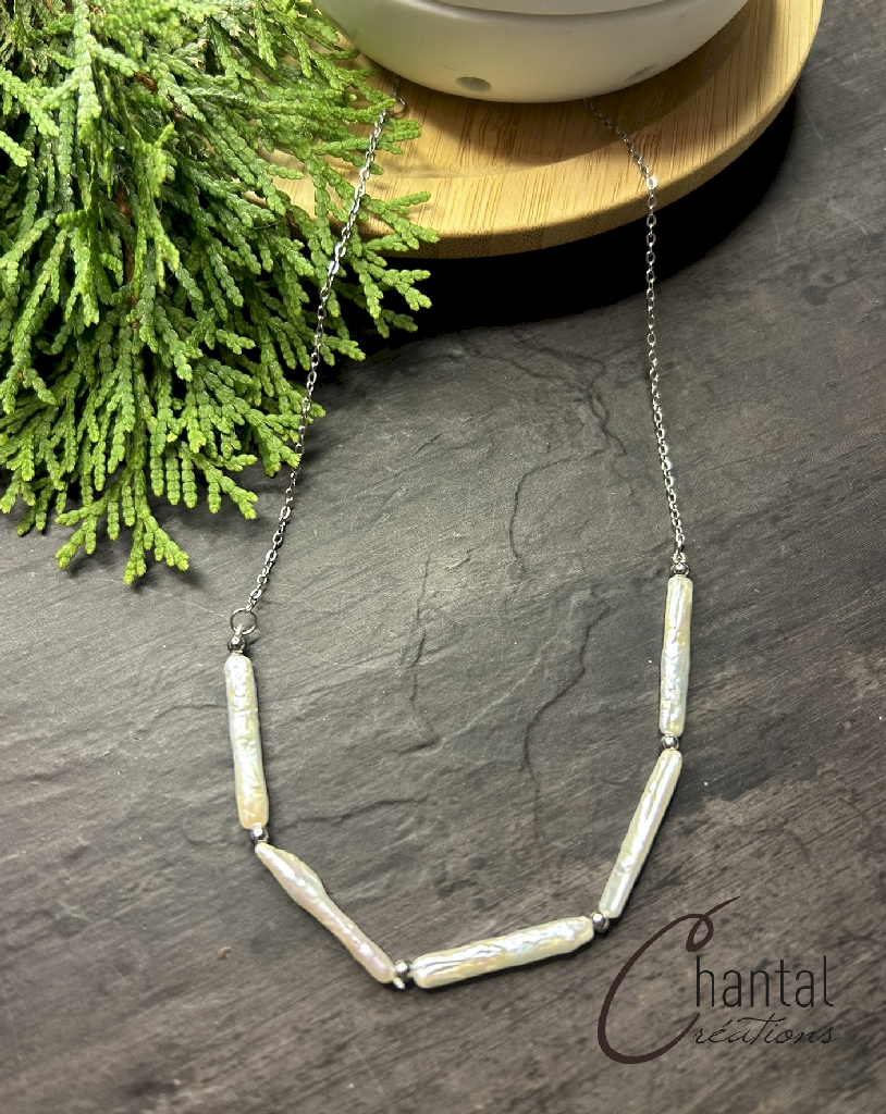 Inaya silver necklace, stainless steel, freshwater pearls