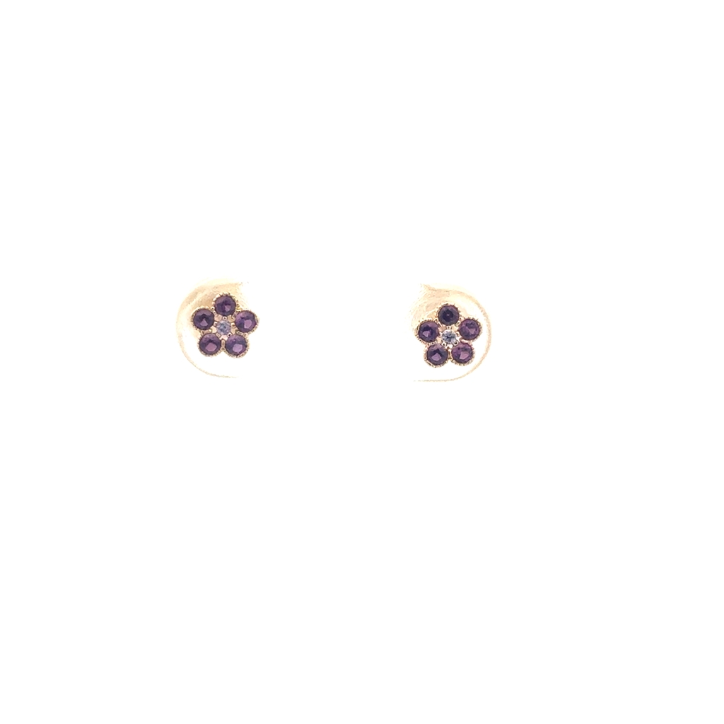 Screw back flower stud earrings yellow gold 10 karats, purple zircons