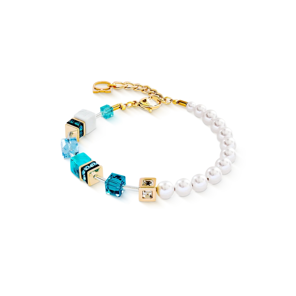 Bracelet GeoCube, acier inoxydable doré, verre, cristaux, perles