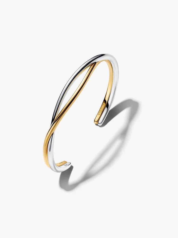 Bracelet rigide ouvert entrelacé, sterling silver, métal unique plaqué d'or 14K