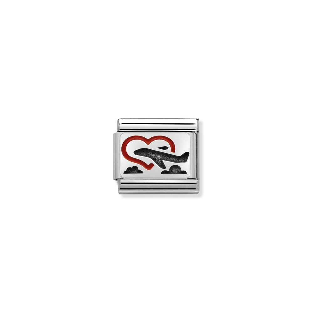 Classic link heart with plane, stainless steel, sterling silver, red enamel - 33020802 - NOMINATION
