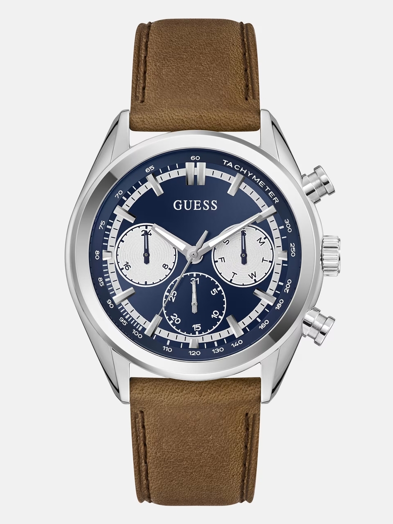 Montre cuir brun, acier inoxydable, fond bleu