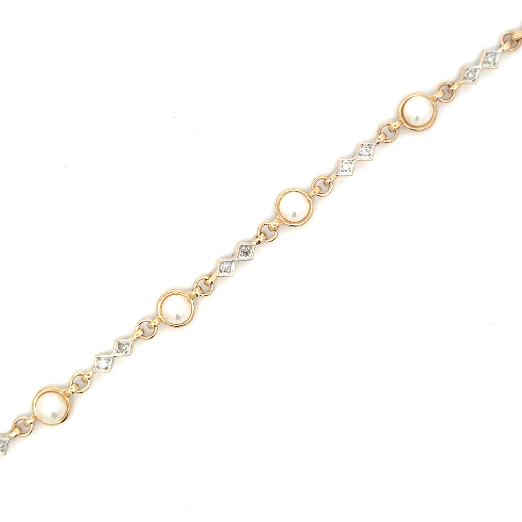 Bracelet or 2 tons (jaune et blanc), perles, 15 points de diamant total