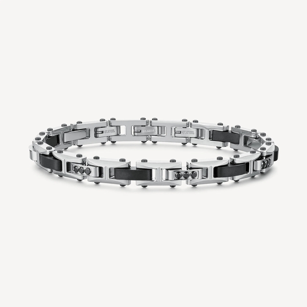 Bracelet Backliner, acier inoxydable 2 tons (blanc et noir), zircons noirs