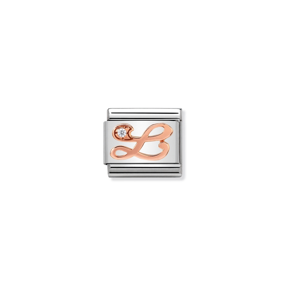 Classic link letter L, stainless steel, 9 carats rose gold finish, clear zirconia