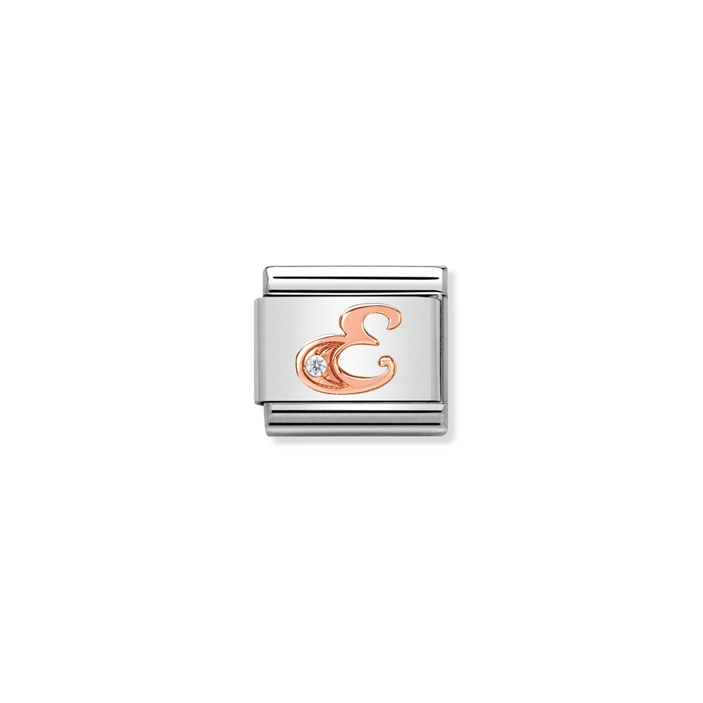 Classic link letter E, stainless steel, 9 carats rose gold finish, clear zirconia
