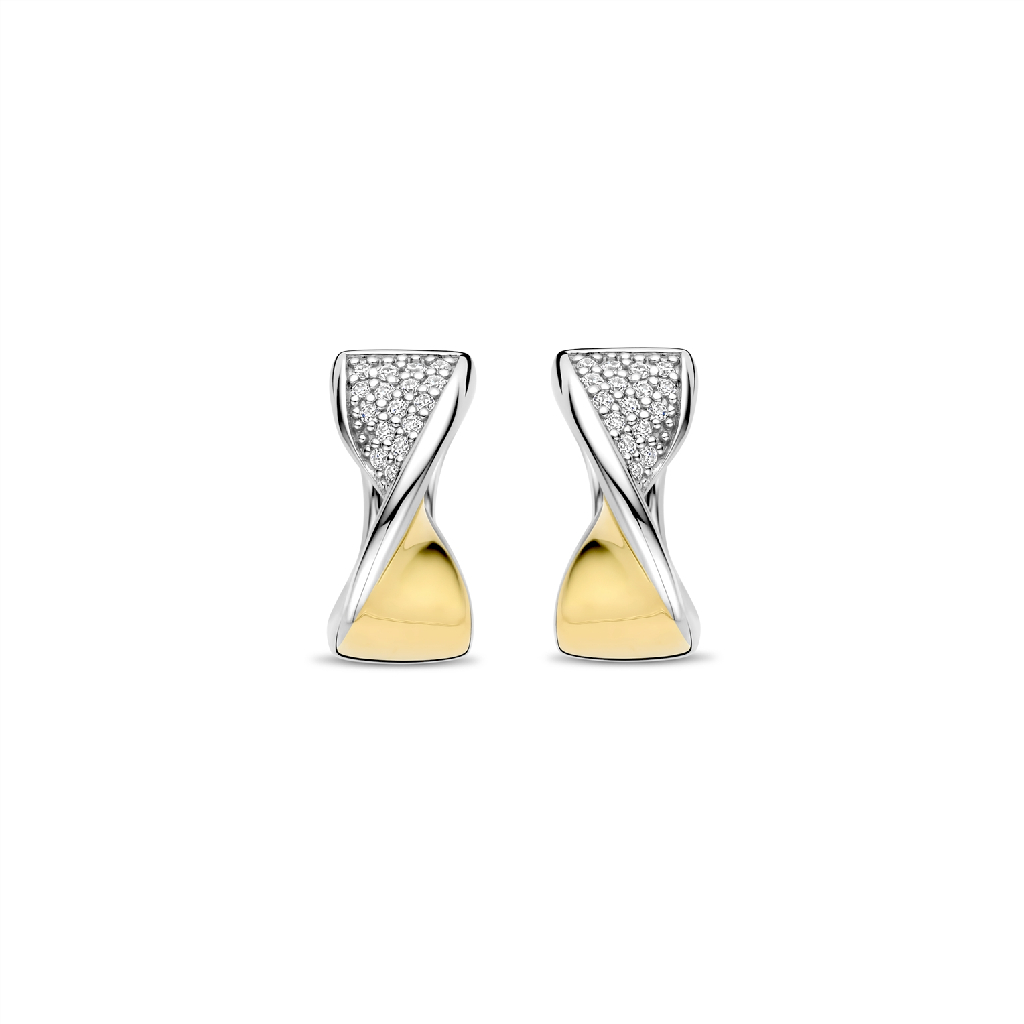 Two tone silver huggie hoop earrings (white and yellow), clear zirconia