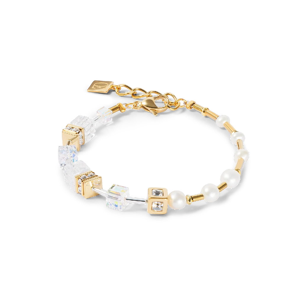 Bracelet GeoCube, acier inoxydable doré, verre, cristaux, perles d'eau douce