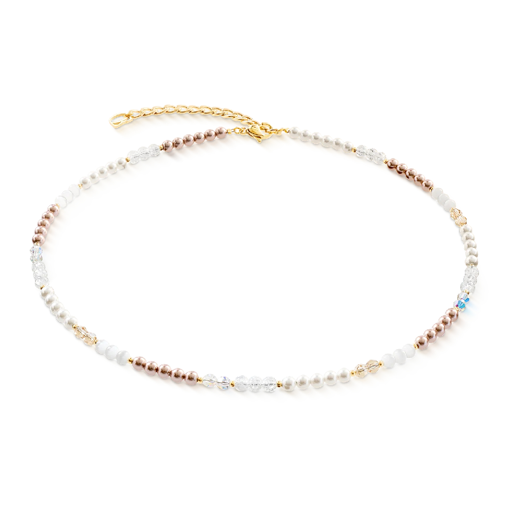 Collier acier inoxydable doré, verre, cristaux, perles