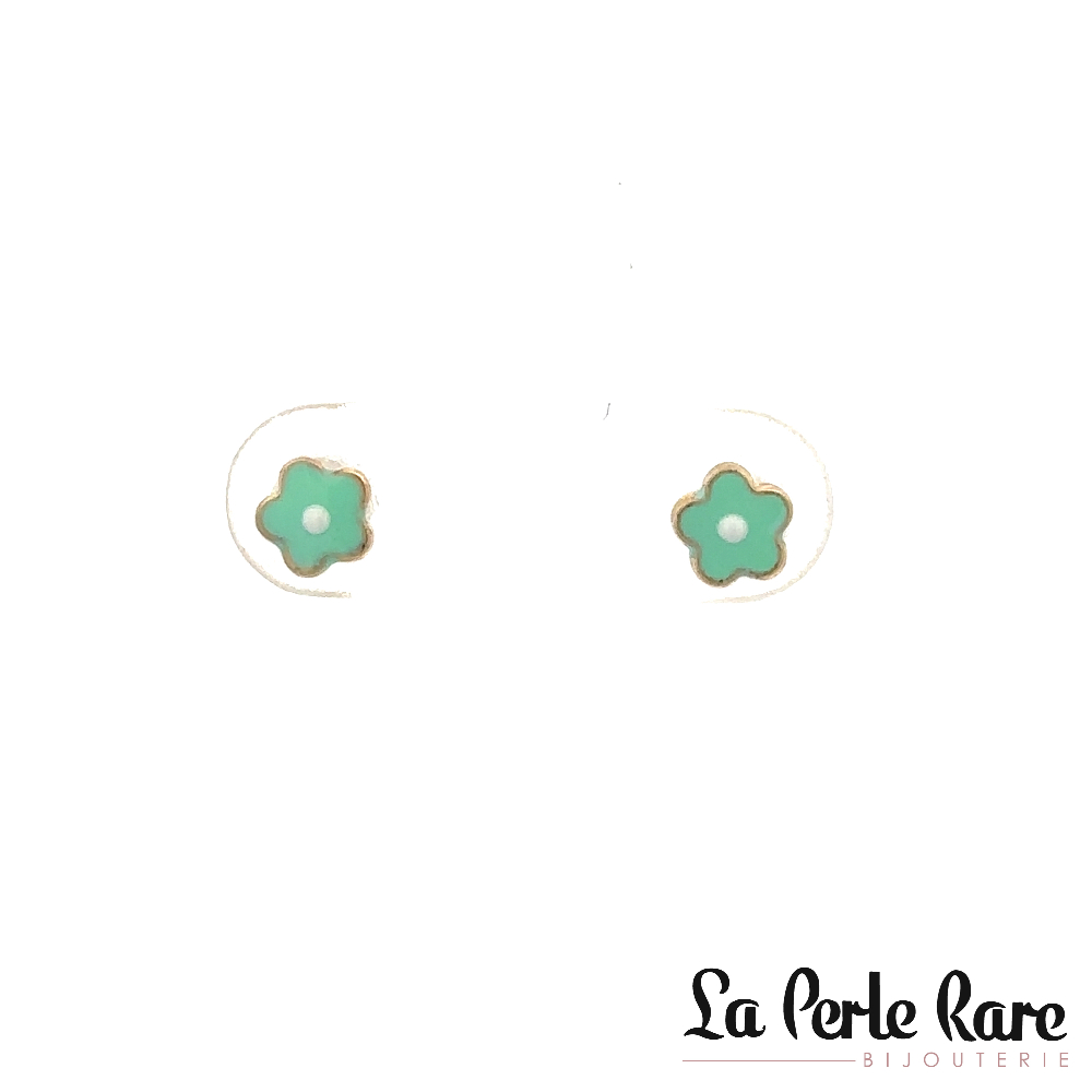 Screw-back flower stud earrings 10K yellow gold, green and white enamel - 7527-VERT - Exclusivity