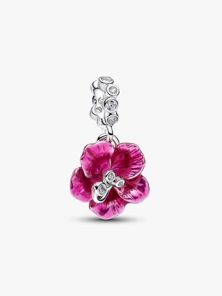 Bille hibiscus, sterling silver, enamel pink, clear cubic zirconia