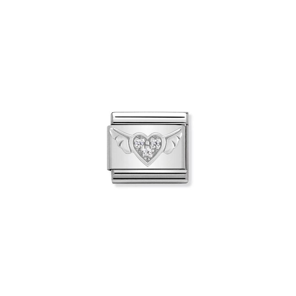 Classic link winged heart, stainless steel, sterling silver, clear cubic zirconia - 33030412 - NOMINATION