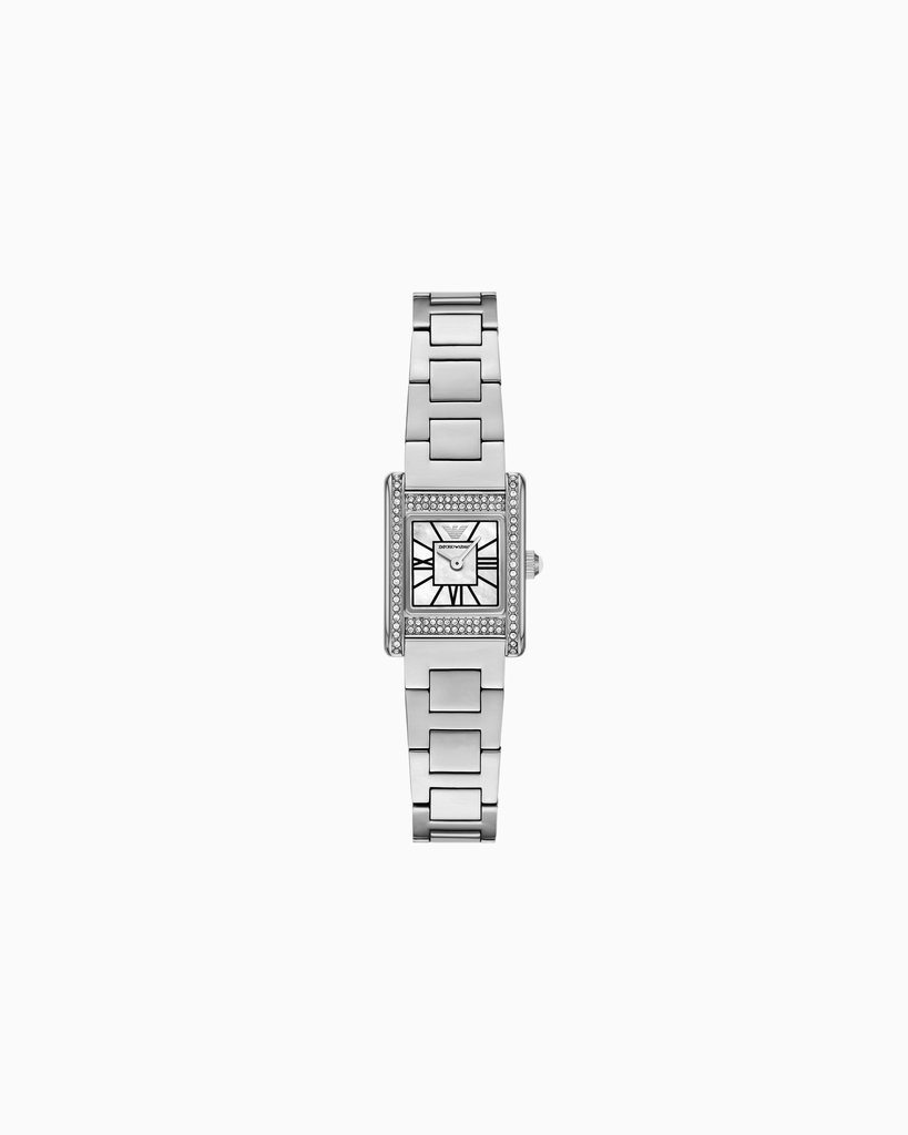 Montre carrée, acier inoxydable, fond nacré, zircons incolore