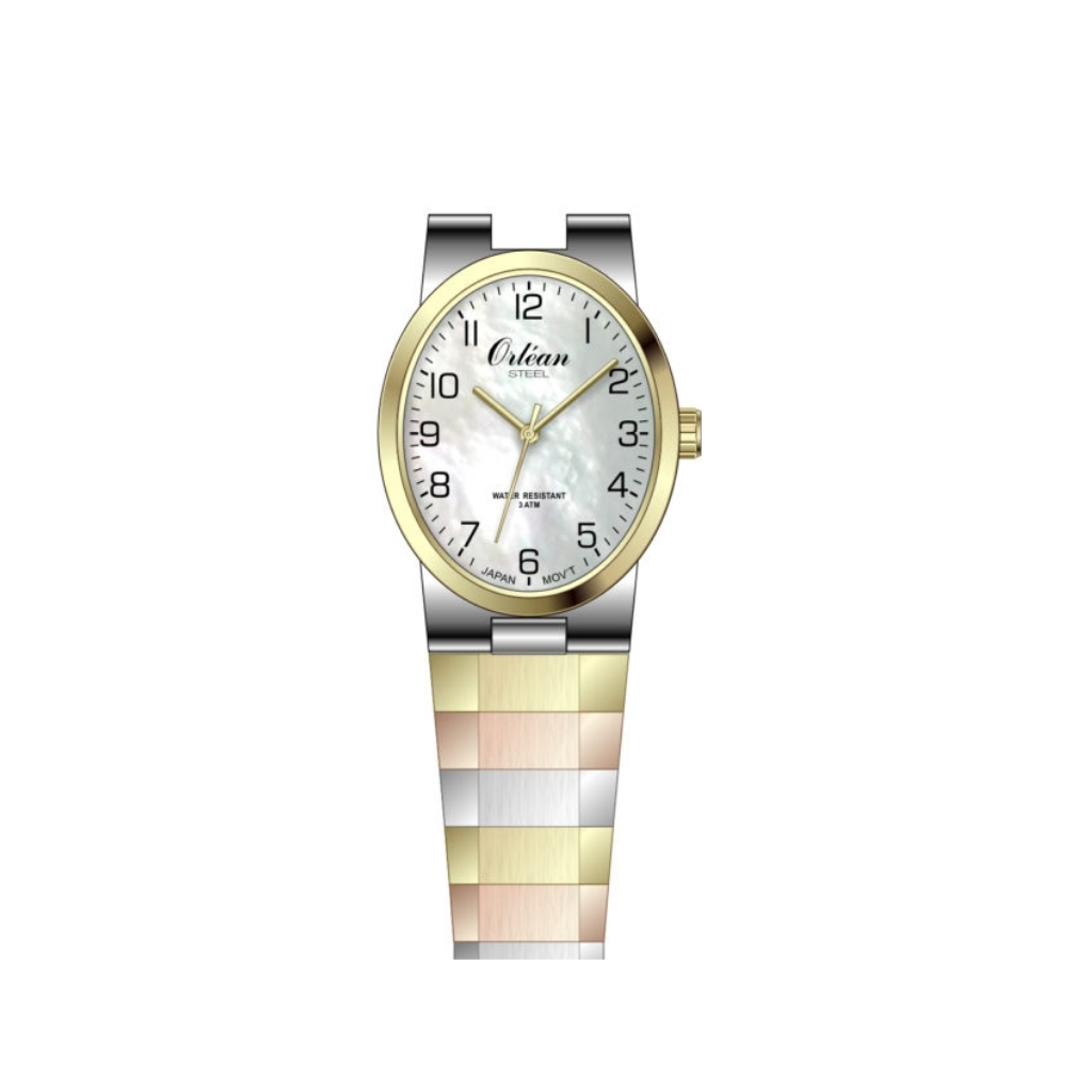 Montre extensible ovale, acier inoxydable 3 tons (blanc, jaune et rose), fond nacré