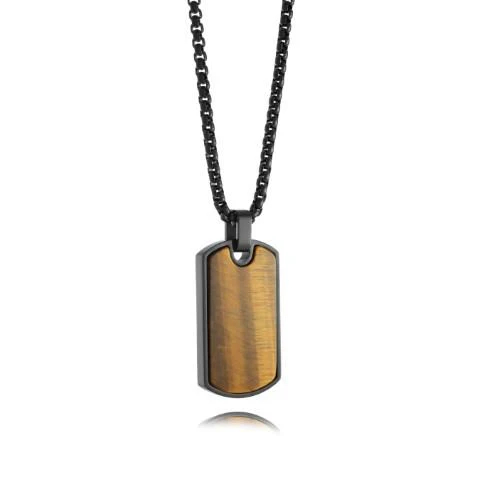 Pendentif plaque en acier inoxydable noir, oeil-de-tigre