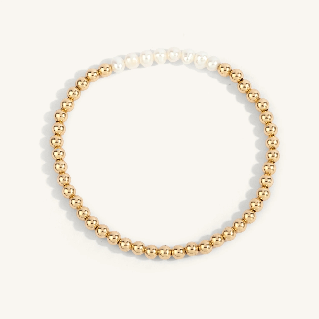Bracelet extensible, métal doublé d'or 14 carats, perles, 4 millimètres