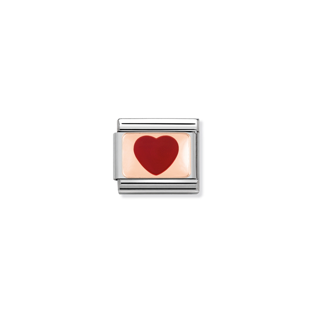 Classic link heart, stainless steel, 9 carats rose gold, red enamel