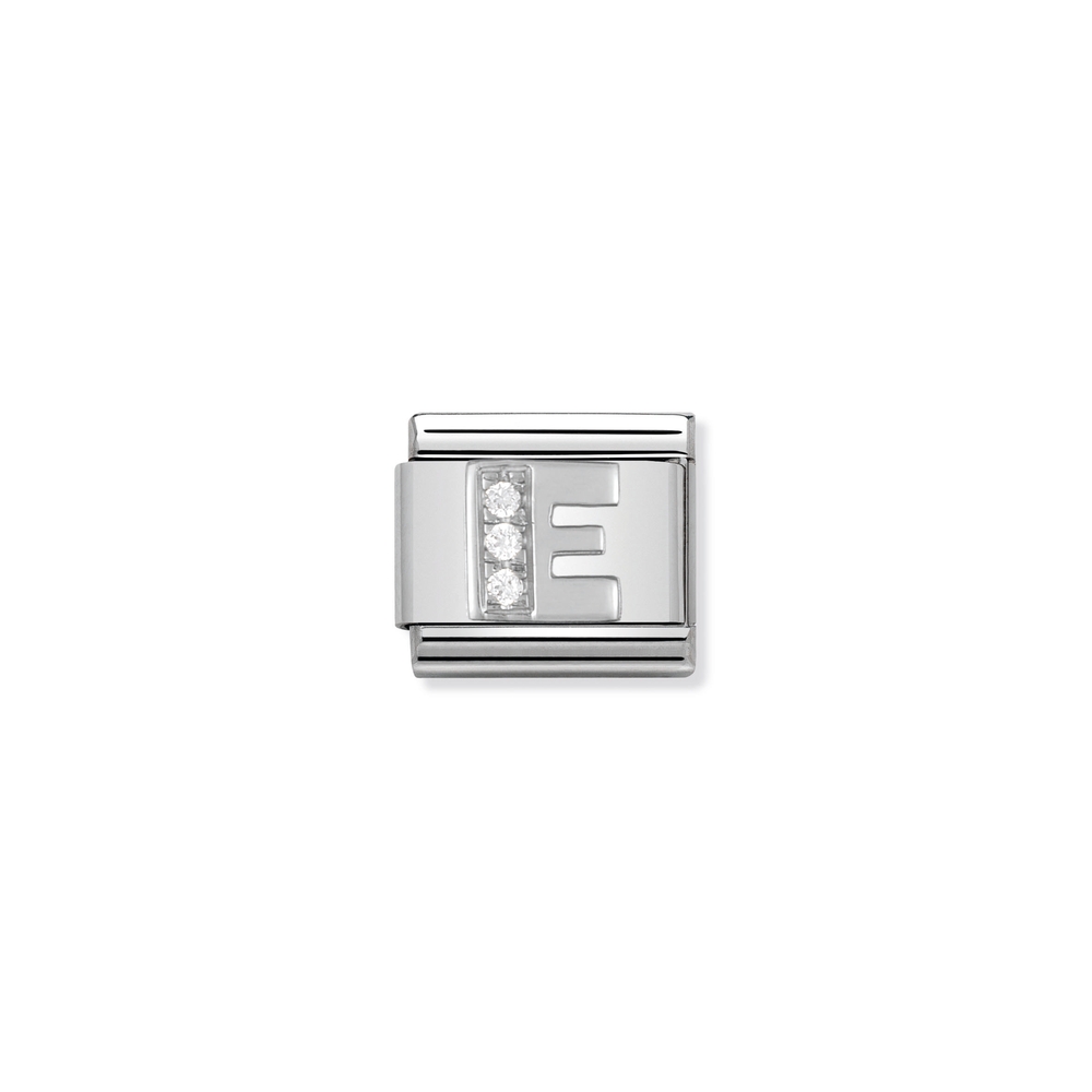 Classic link letter E, stainless steel, sterling silver, clear cubic zirconia - 33030105 - NOMINATION