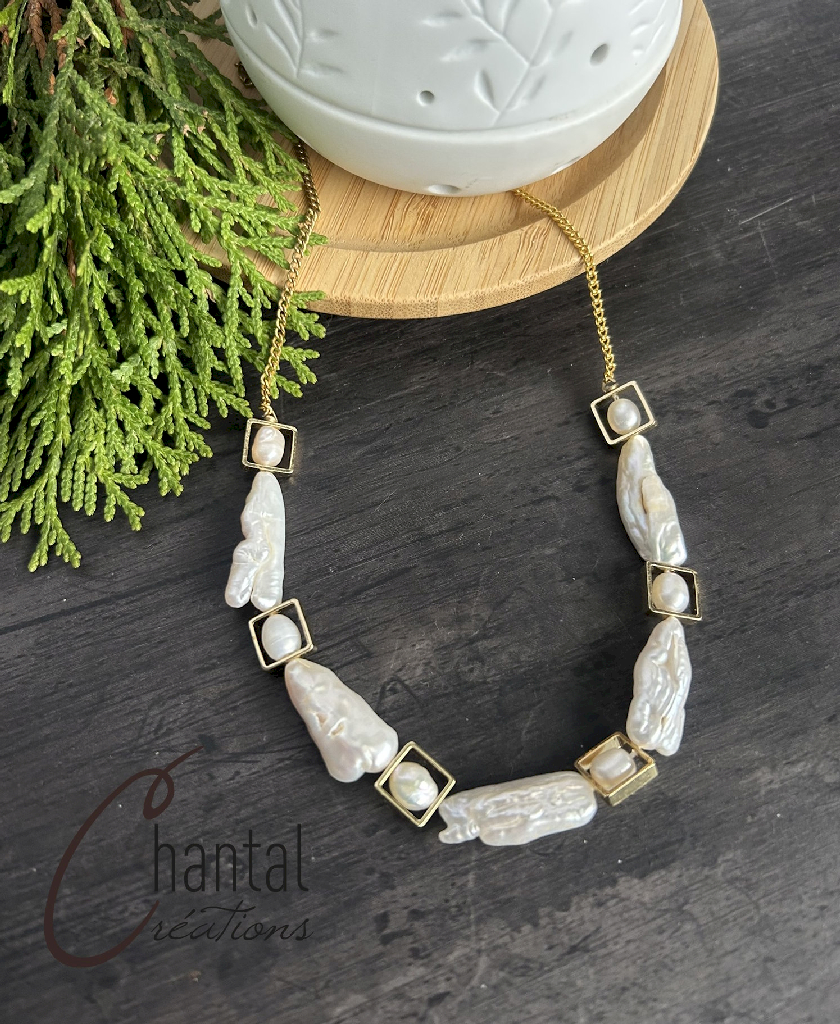 Caroline baroque necklace, gold tone stainless steel, freshwater pearls