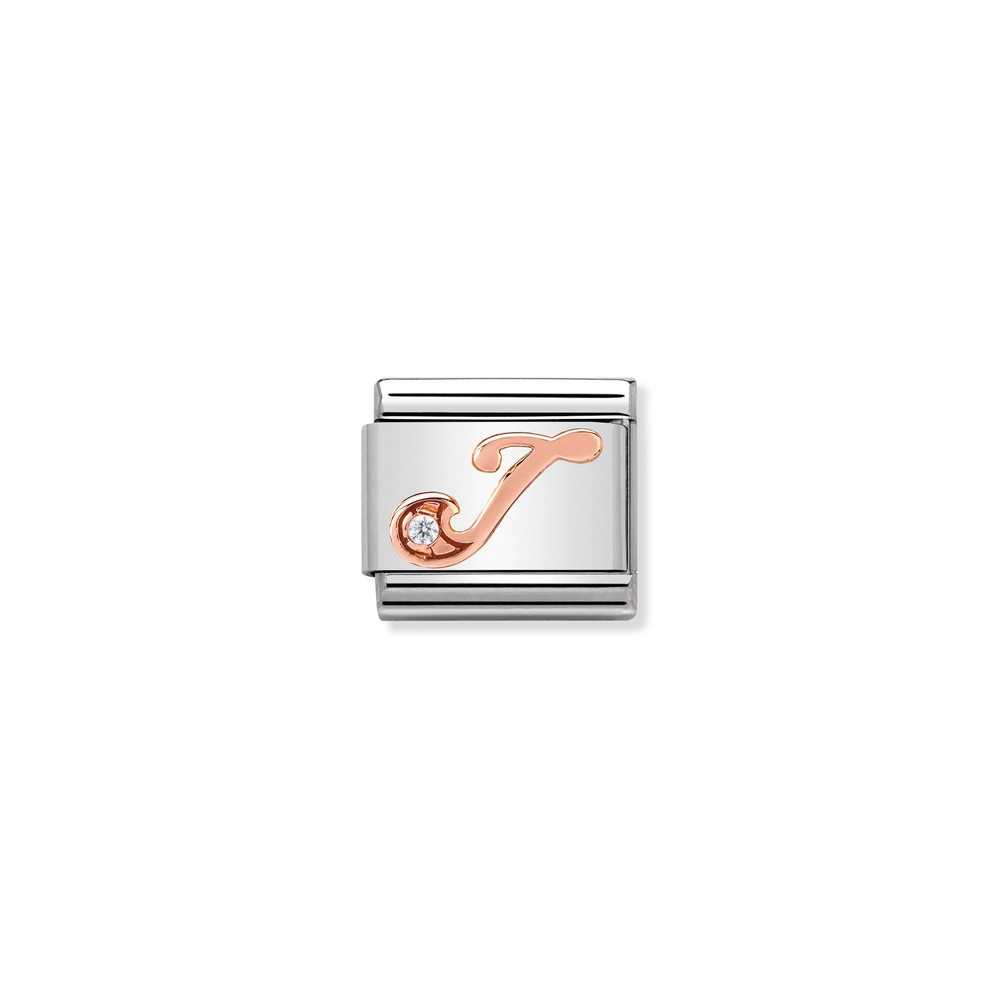 Classic link letter J, stainless steel, 9 carats rose gold finish, clear zirconia