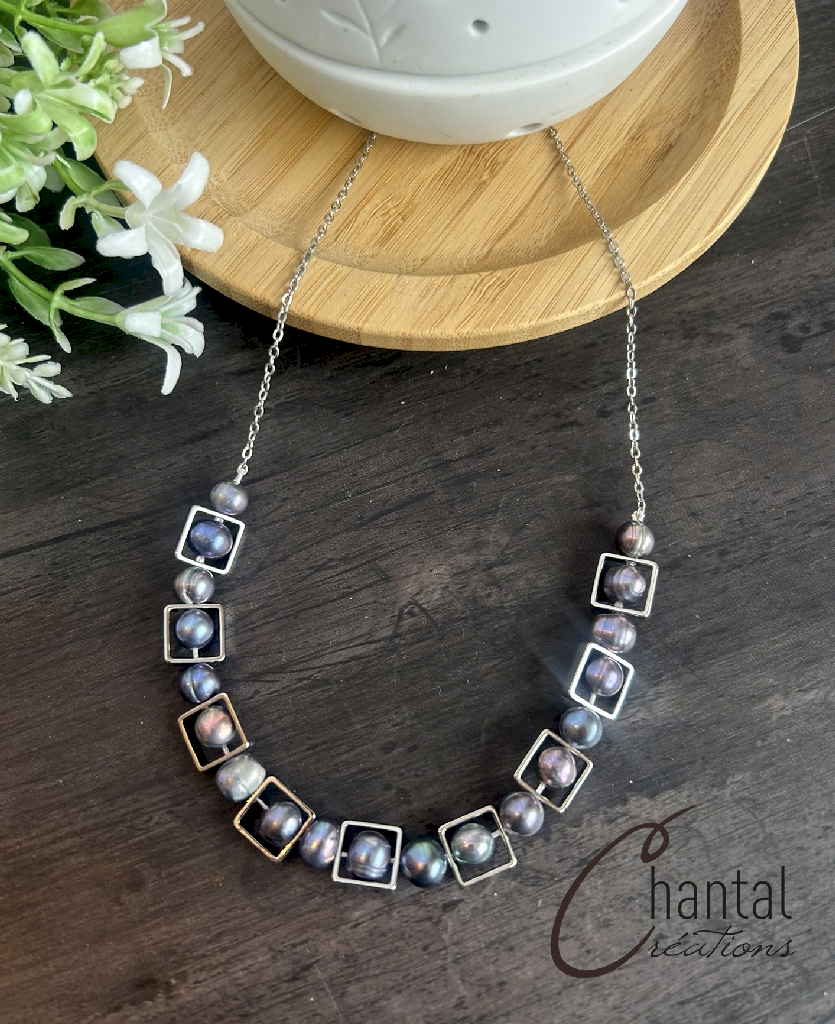 Caroline blue pearl necklace, stainless steel, bluish freshwater pearls