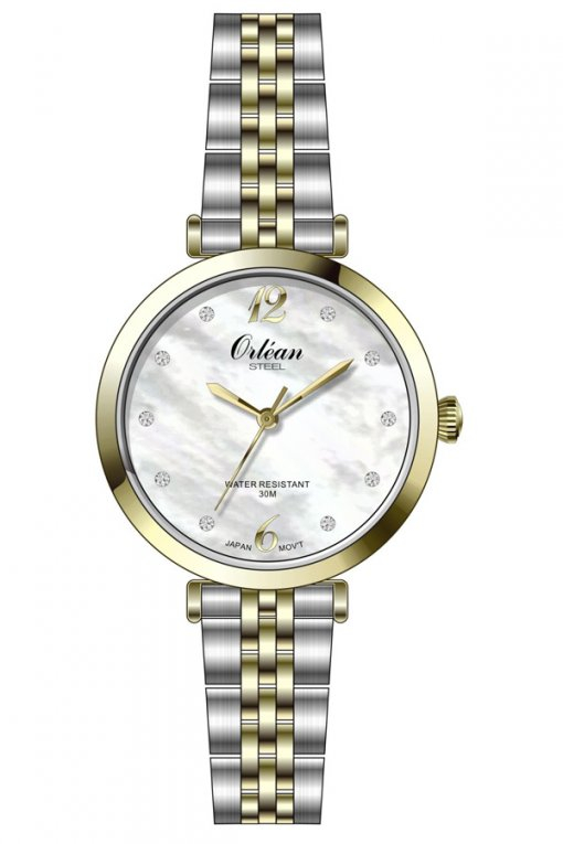 Montre acier inoxydable 2 tons (blanc et jaune), fond nacré, zircons incolores