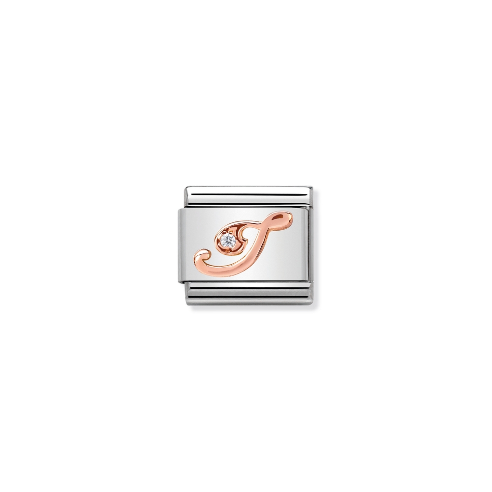Classic link letter I, stainless steel, 9 carats rose gold finish, clear zirconia