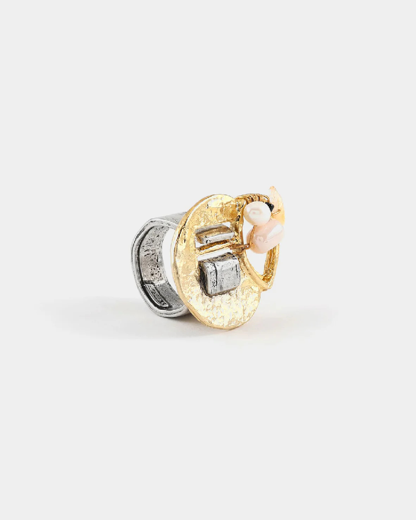 Bague ajustable étain 2 tons (blanc et jaune), verre coloré