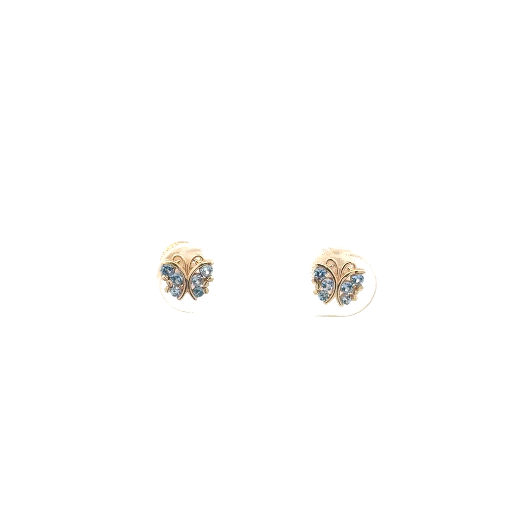 Screw back butterfly stud earrings yellow gold 10 karats, blue zircons