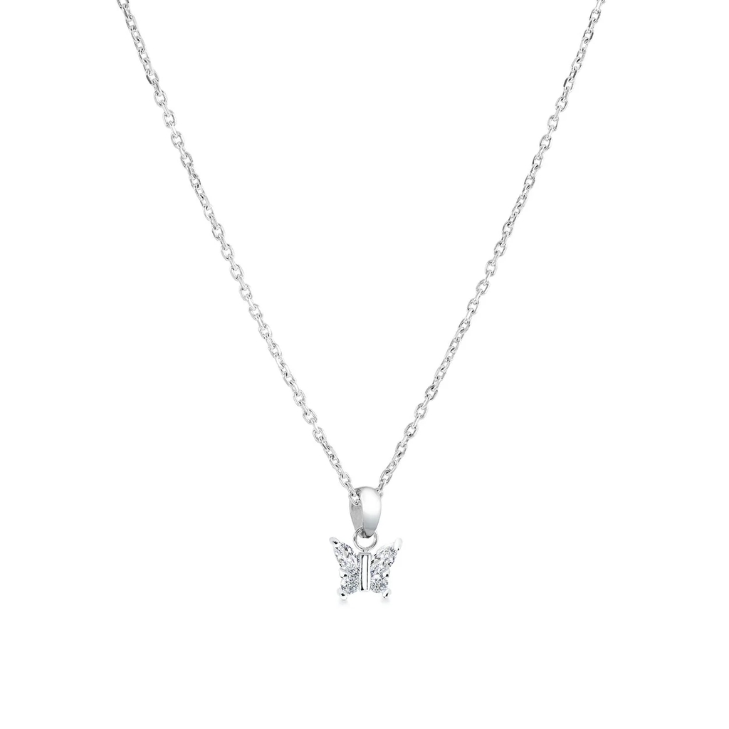 Stainless steel butterfly pendant necklace, clear zirconia