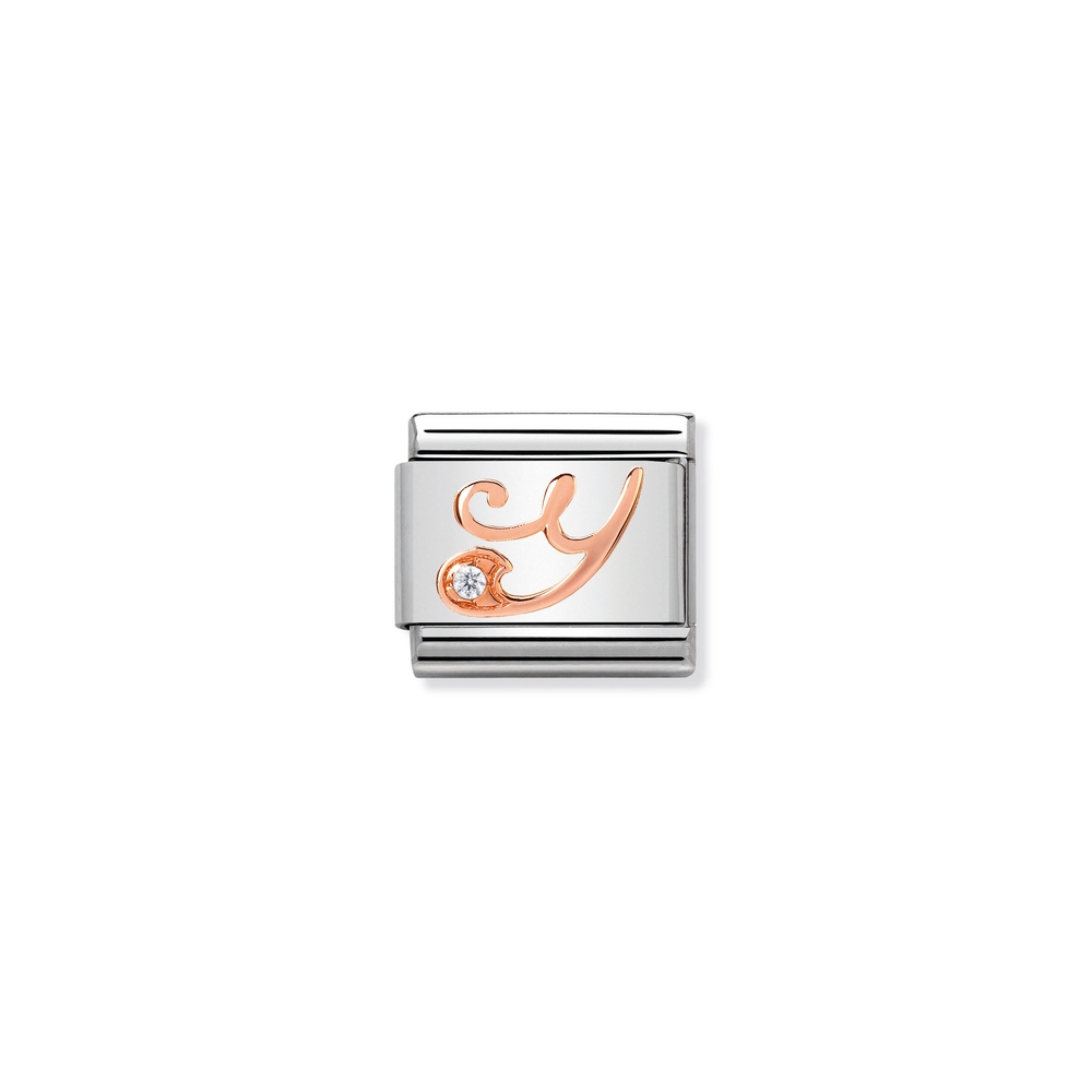 Classic link letter Y, stainless steel, 9 carats rose gold finish, clear zirconia
