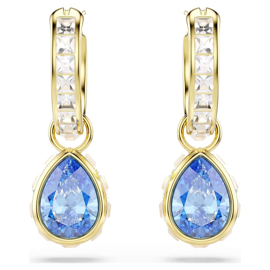 Drop earrings Chroma, gold tone metal, clear crystals and bleus