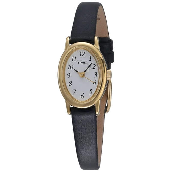 Montre ovale, cuir noir, métal doré, fond blanc