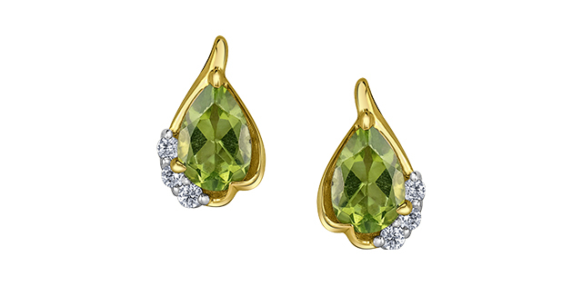 Stud earrings yellow gold 10 karats, peridots, 6 points of total diamond