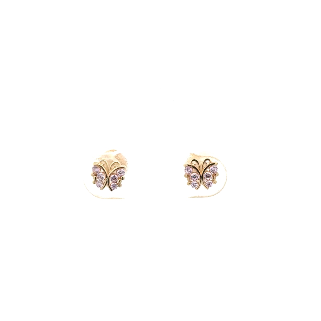 Screw back butterfly stud earrings yellow gold 10 karats, pink zircons