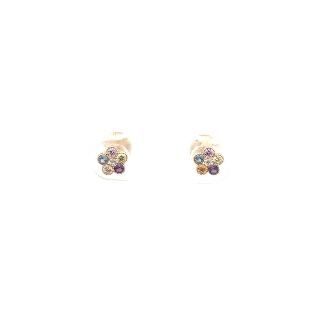 Screw back flower stud earrings yellow gold 10 karats, multicolour zircons