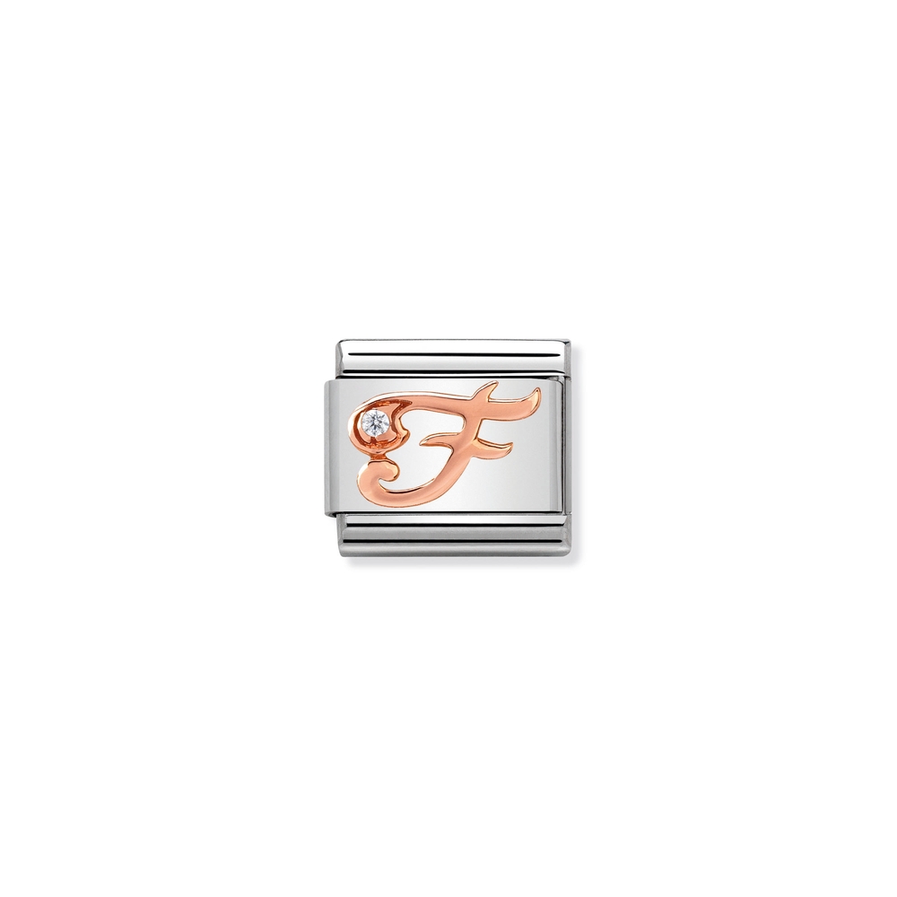 Classic link letter F, stainless steel, 9 carats rose gold finish, clear zirconia