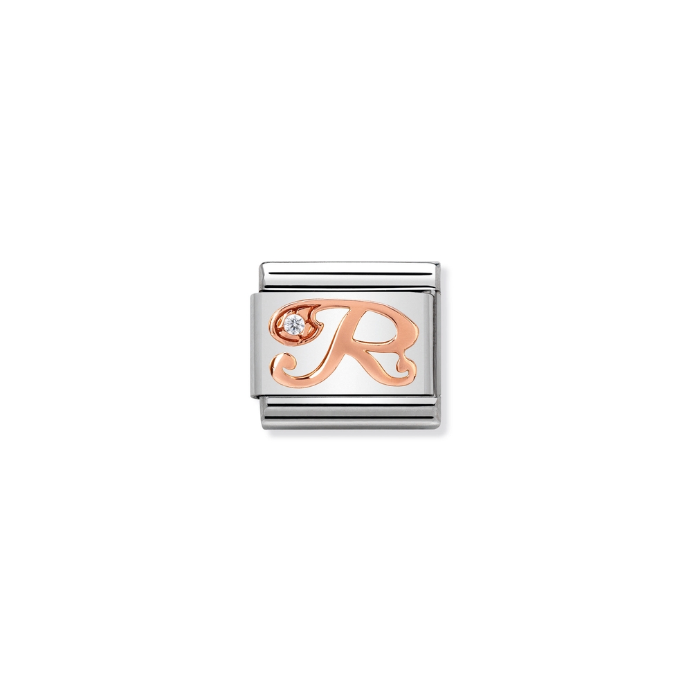 Classic link letter R, stainless steel, 9 carats rose gold finish, clear zirconia
