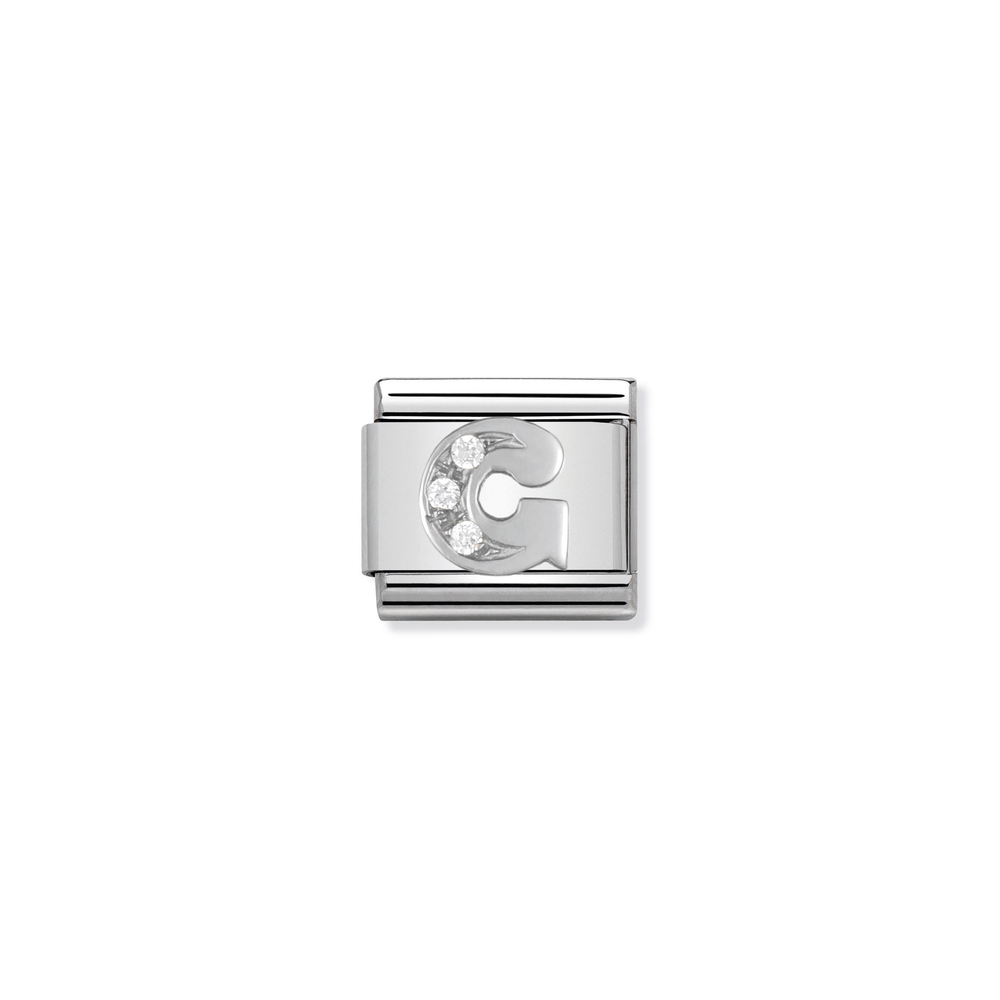 Classic link letter G, stainless steel, sterling silver, clear cubic zirconia - 33030107 - NOMINATION