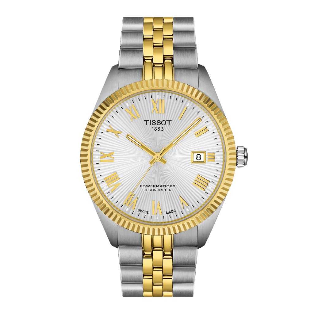 Montre Ballade automatique, acier inoxydable 2 tons (blanc et jaune), fond blanc