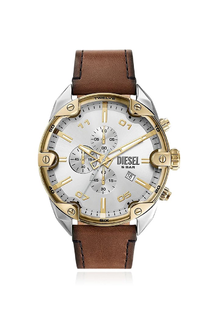 Diesel brown leather and silver-tone and gold-tone stainless steel watch