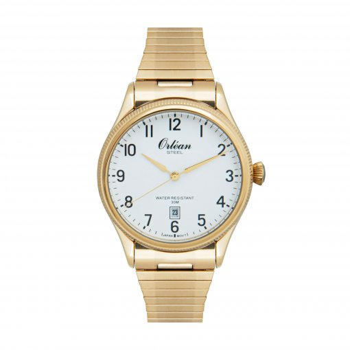 Montre extensible, acier inoxydable 2 tons (blanc et jaune), fond blanc