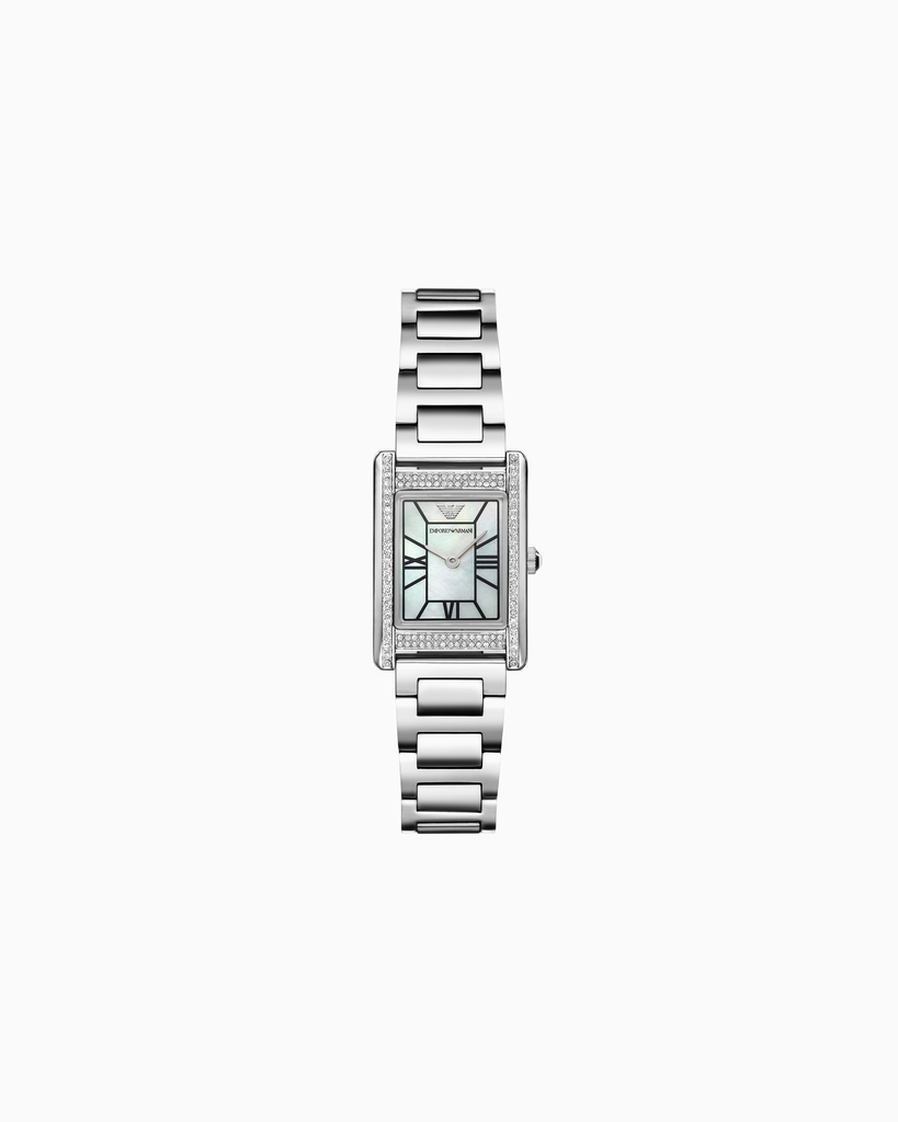 Montre rectangulaire, acier inoxydable, fond nacré, zircons incolores
