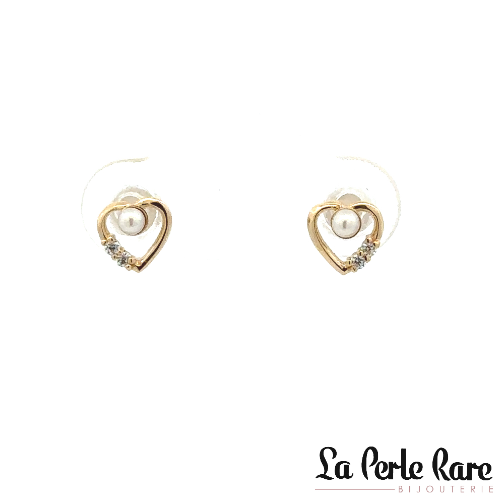 Screw-back heart stud earrings 10K yellow gold, pearls and white zirconia - 13680-BLANC - Exclusivity