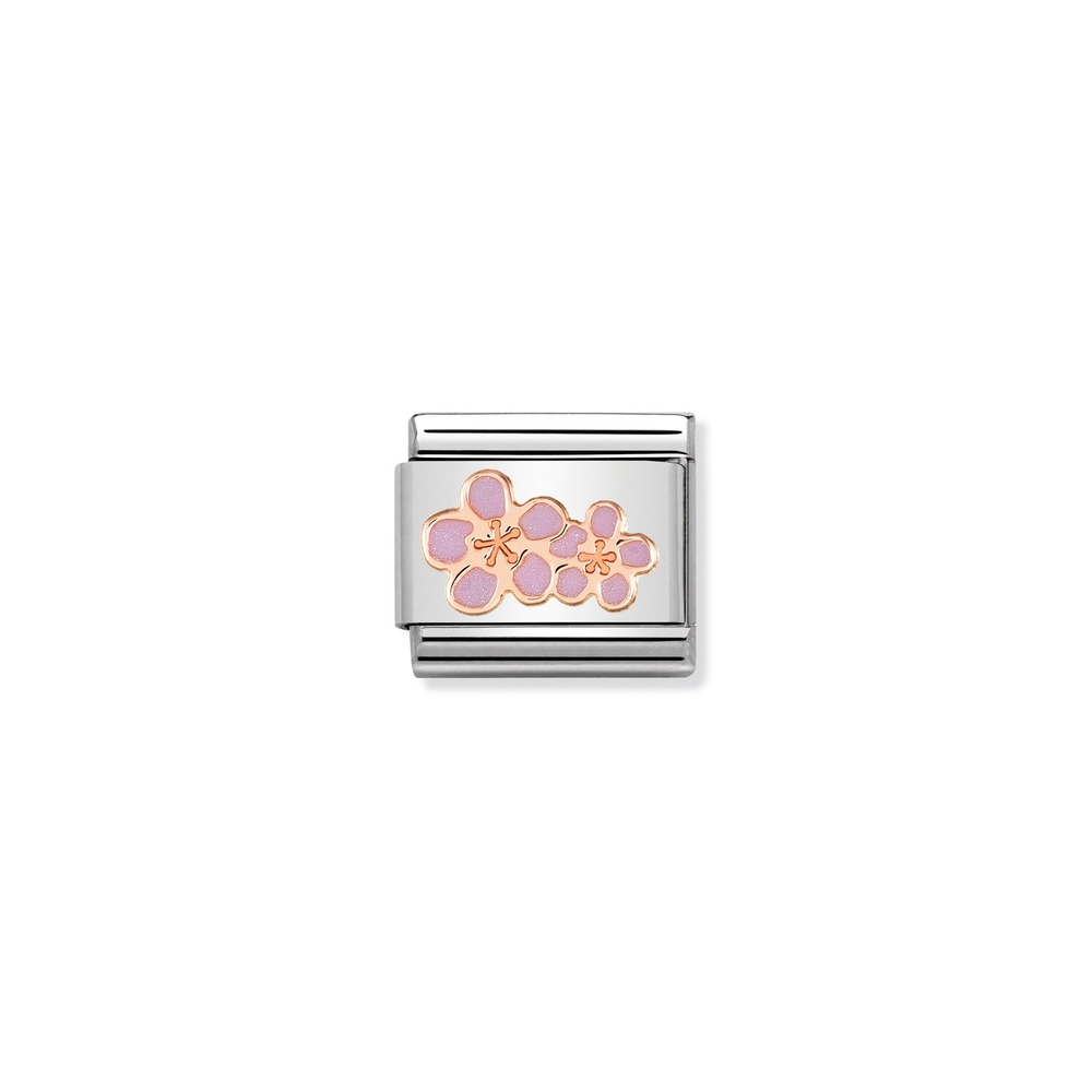Classic link flowers, stainless steel, 9 carats rose gold, purple enamel
