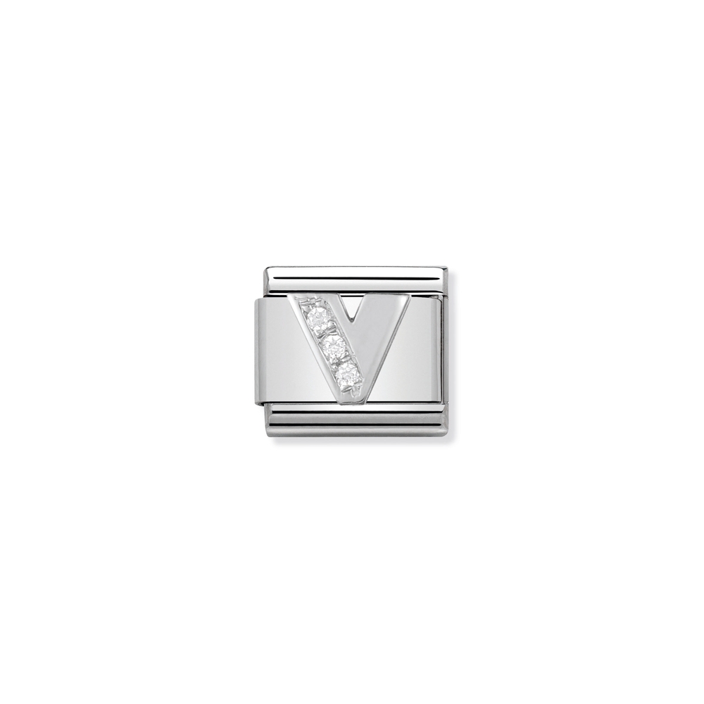Classic link letter V, stainless steel, sterling silver, clear cubic zirconia - 33030122 - NOMINATION