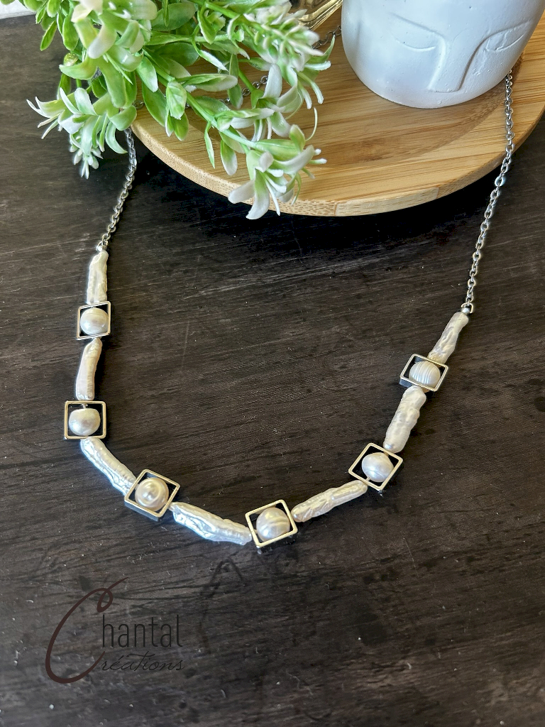 Collier Caroline baroque argent, acier inoxydable, perles d'eau douce